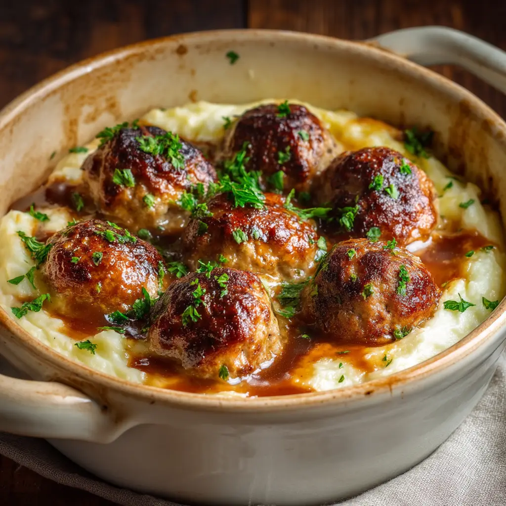 Ultimate Meatball and Mashed Potato Bake 1 A close-up three-quarter shot of perfectly browned meatballs nestled into creamy mashed potatoes with rich brown gravy drizzled over the top.