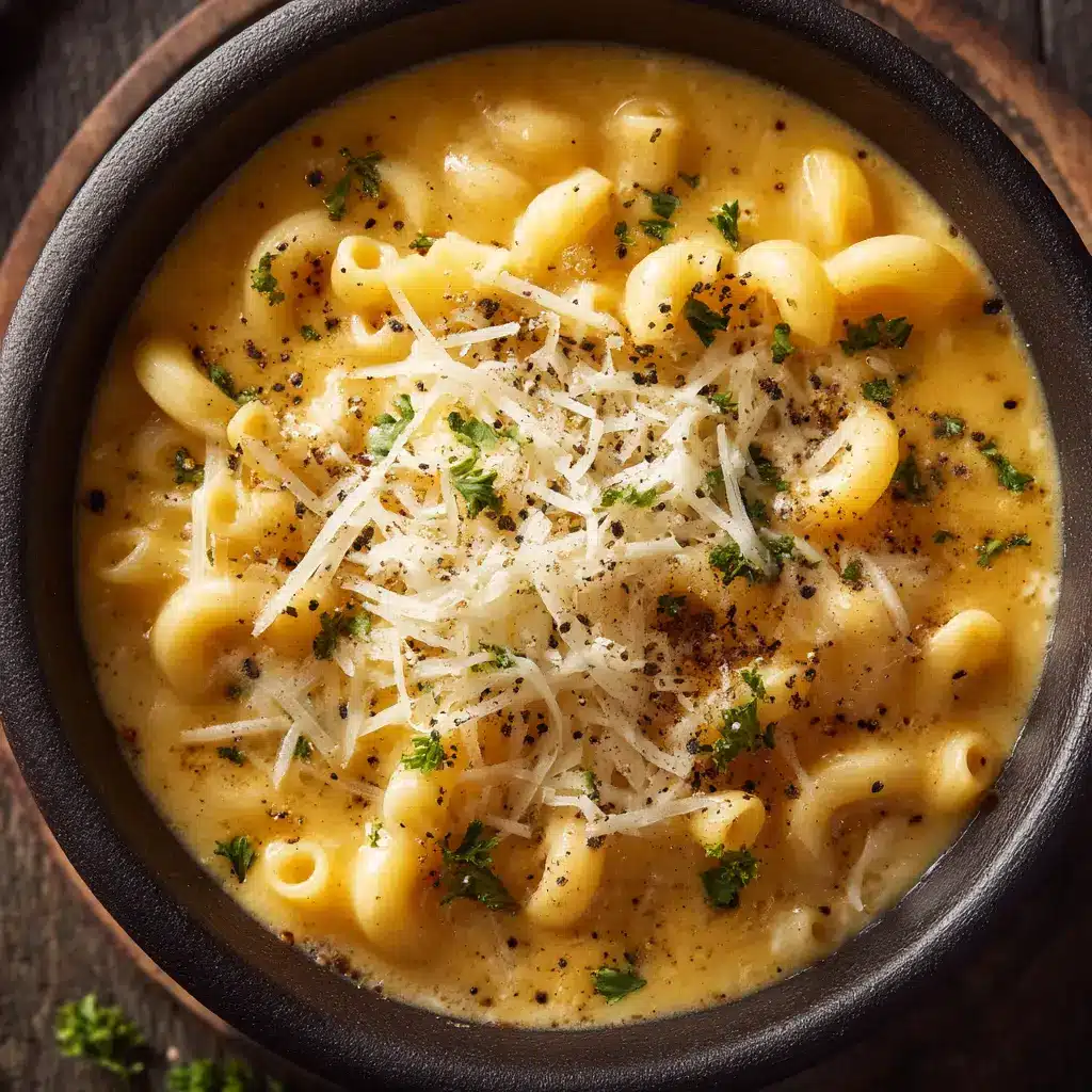 Close up of creamy mac and cheese soup garnished with coarse black pepper, finely chopped parsley, and white cheddar.