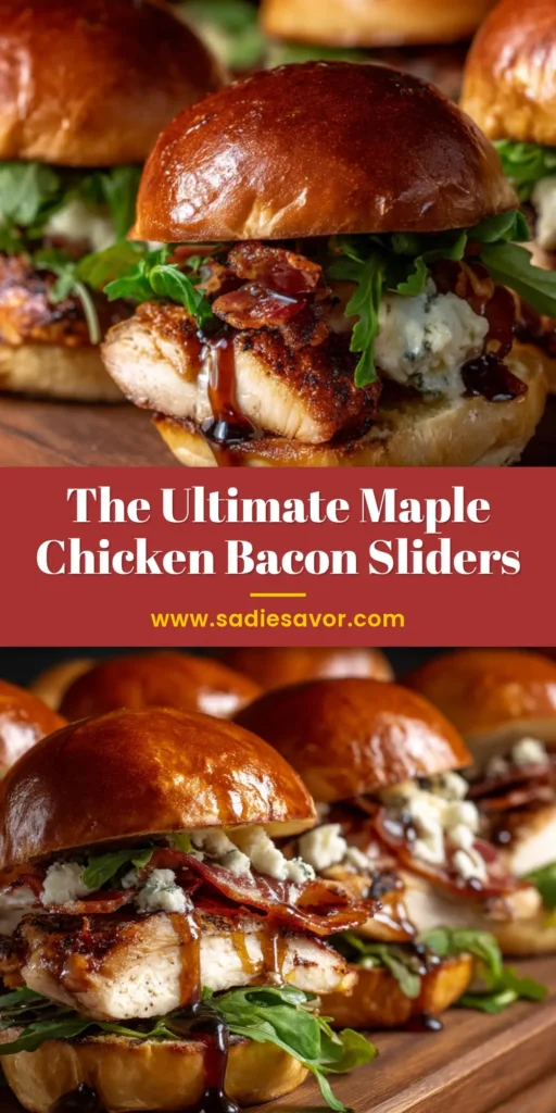 A close-up of gourmet Maple Chicken Bacon Sliders arranged on a rustic wooden board, showing thick chicken, crispy bacon, melted white cheese, and arugula.