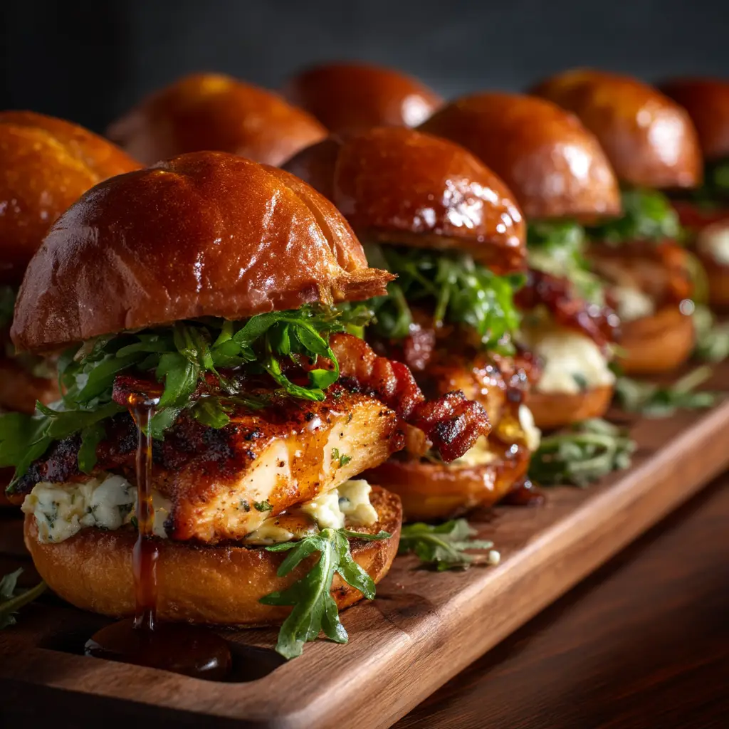 Sweet maple glaze dripping down the side of a thick chicken slider with fresh green arugula.