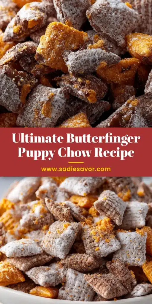 A close-up view of Butterfinger puppy chow loaded with crunchy orange candy chunks in a shallow white ceramic bowl.