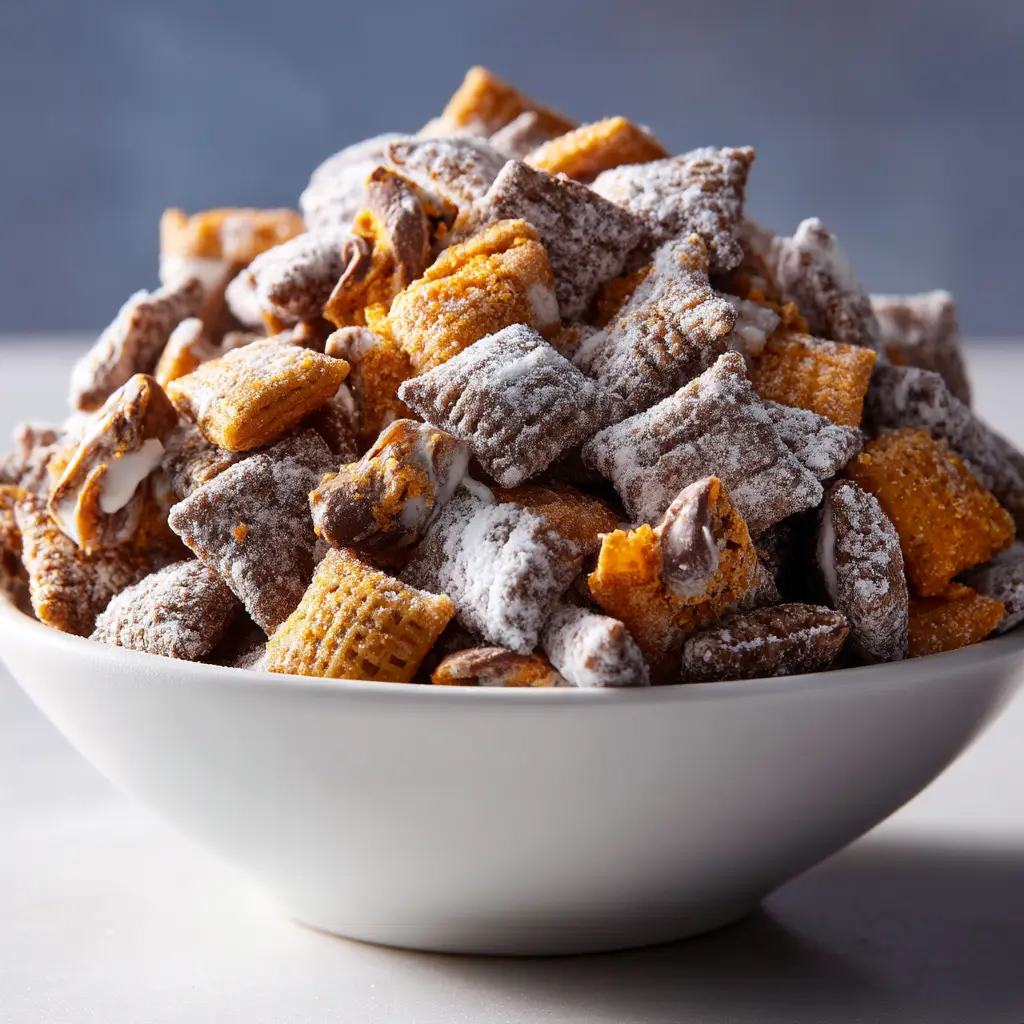 Appetizing food photograph of Chex cereal heavily coated in powdered sugar with visible golden-brown peanut butter and chocolate.