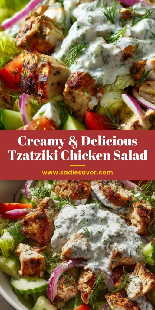 A close-up of vibrant Tzatziki Chicken Salad served in a shallow white ceramic bowl featuring seared chicken, cucumbers, tomatoes, red onions, and a thick dollop of dill tzatziki.