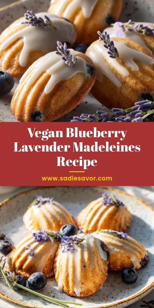 Blueberry Lavender Vegan Madeleines 3 Close-up of golden brown Blueberry Lavender Vegan Madeleines with a thick pale glaze, scattered fresh lavender buds, and blueberries on a speckled light gray ceramic plate.