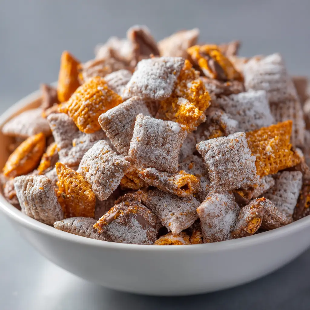Large chunks of crunchy orange Butterfinger candy mixed into sweet and salty puppy chow.