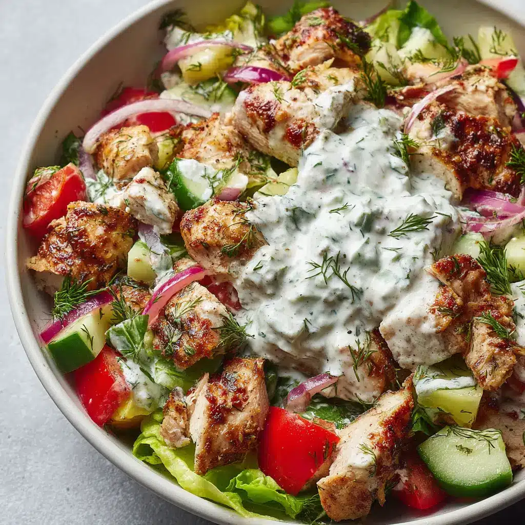 Fresh salad ingredients including crisp green lettuce, diced red tomatoes, and English cucumbers prepared for a Tzatziki Chicken Salad.