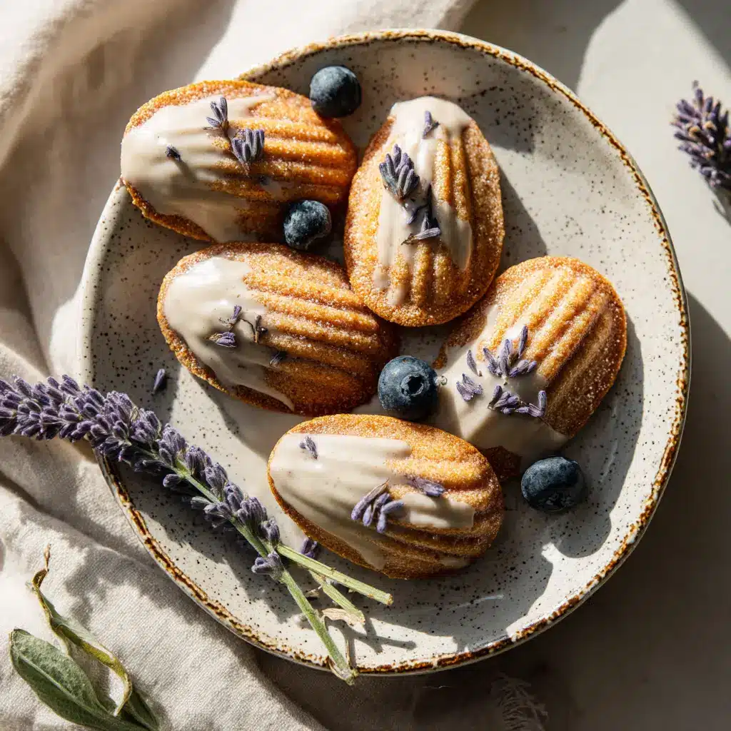 Several vegan blueberry lavender madeleines arranged elegantly on a delicate gold-rimmed ceramic plate.