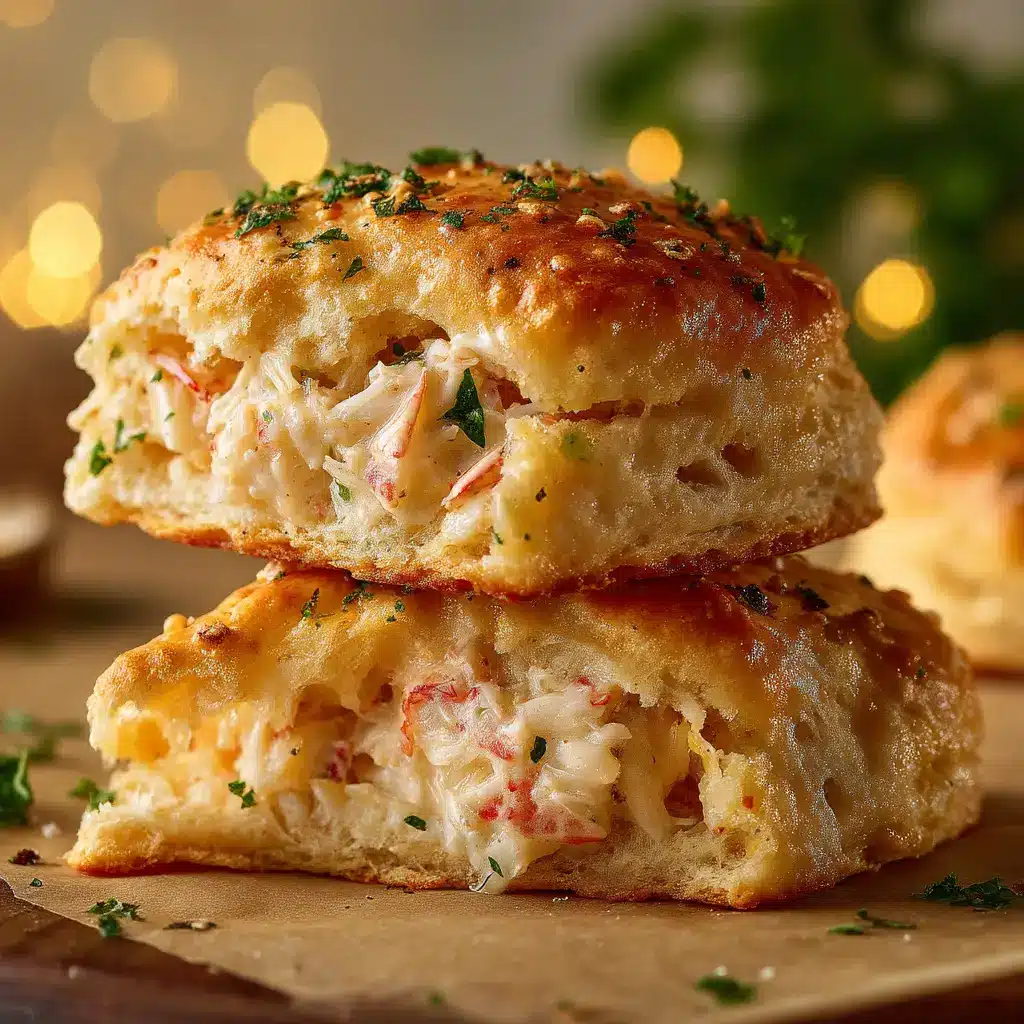 Gourmet Crab Stuffed Cheddar Bay Biscuits 2 Macro photography of a golden brown cheddar bay biscuit stuffed with chunky crab meat, garnished with fresh parsley.