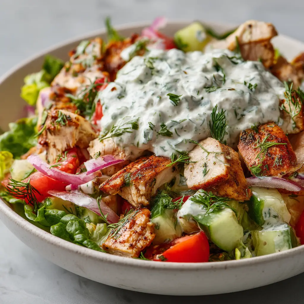 Juicy chunks of seared rotisserie chicken topped with a generous dollop of creamy tzatziki sauce speckled with fresh dill.