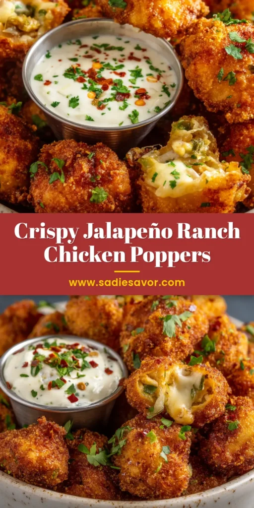 Close-up of crispy Jalapeño Ranch Chicken Poppers piled in a white ceramic bowl next to a metal ramekin of speckled ranch dip.