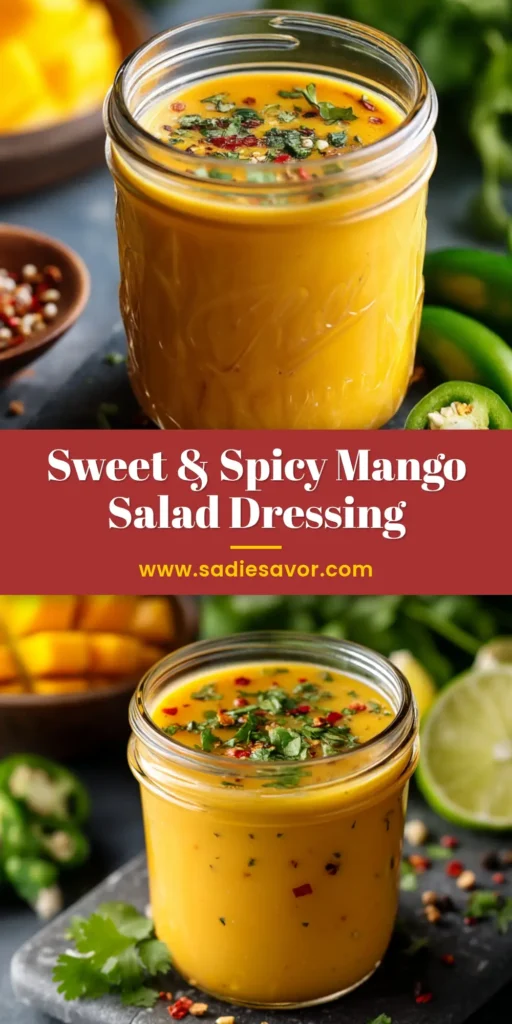 A small glass jar filled with vibrant, thick yellow-orange Spicy Mango Salad Dressing, garnished with cilantro and pepper flakes, sitting on a dark grey slate board.