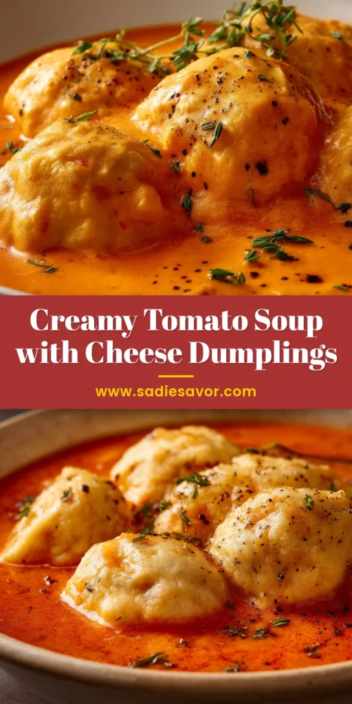 Ultimate Creamy Tomato Soup with Cheese Dumplings 3 A rustic white ceramic bowl filled with vibrant, creamy orange-red tomato soup topped with fluffy, imperfectly shaped cheese dumplings, dark herbs, and black pepper.