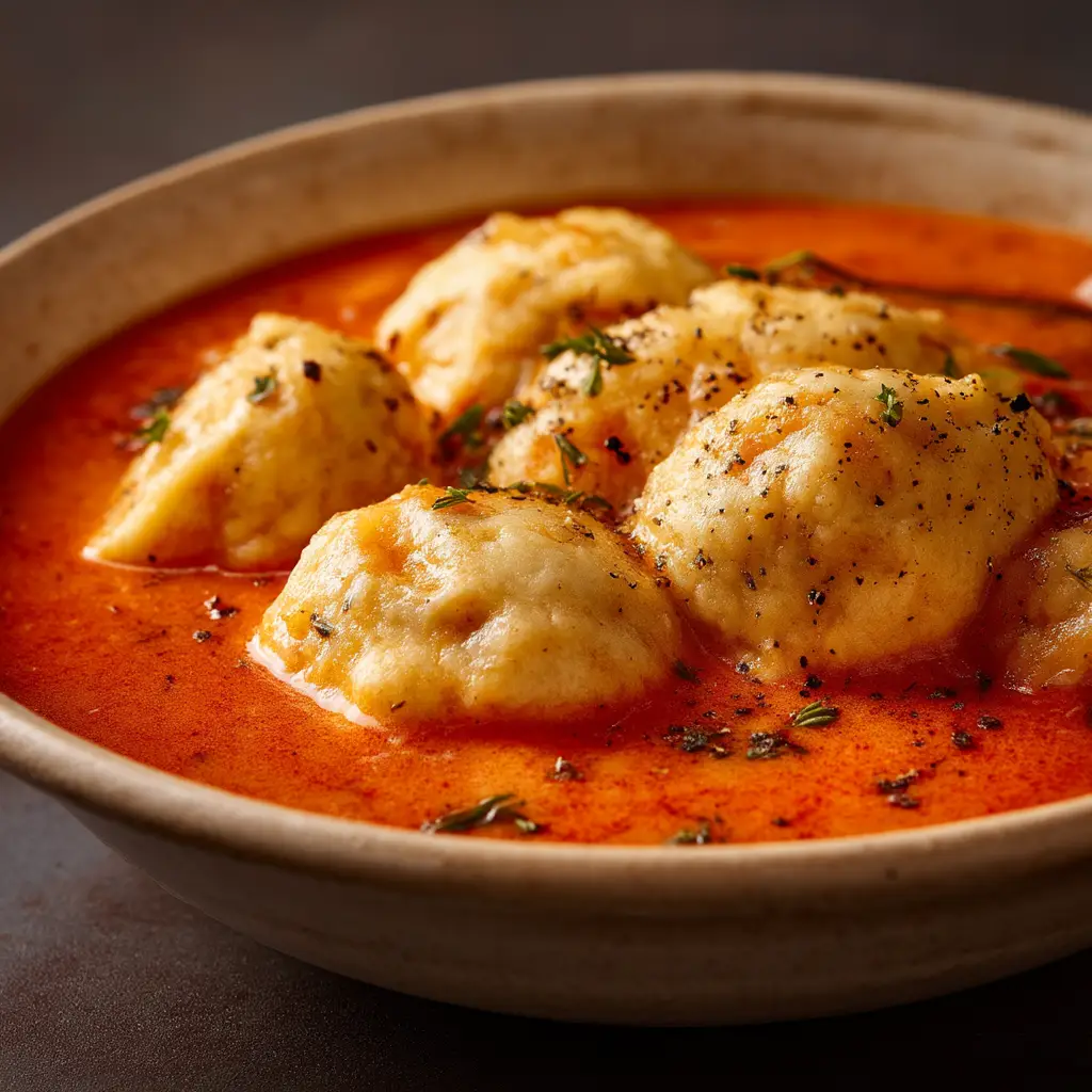Close-up of creamy orange-red tomato soup in a rustic bowl with visible specks of dark herbs and soft lighting.