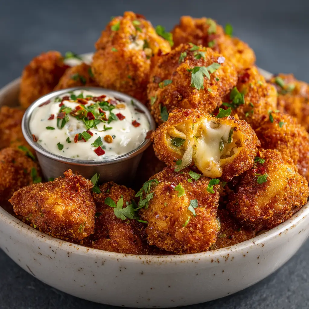 One fried chicken popper slightly elevated showing a cheesy gooey center with bits of green jalapeño.