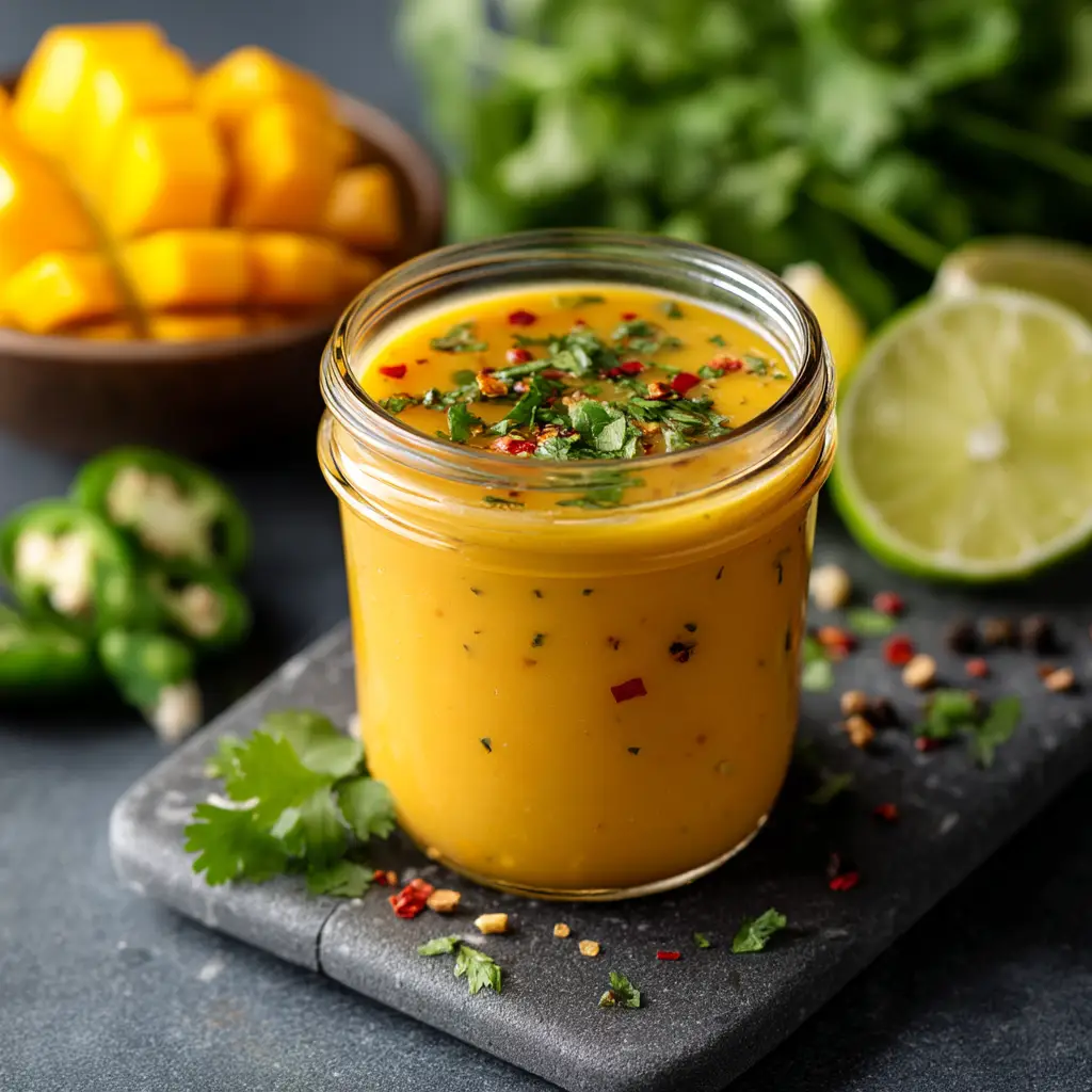 A close-up shot of thick yellow-orange mango vinaigrette in a small glass jar with bright natural lighting.