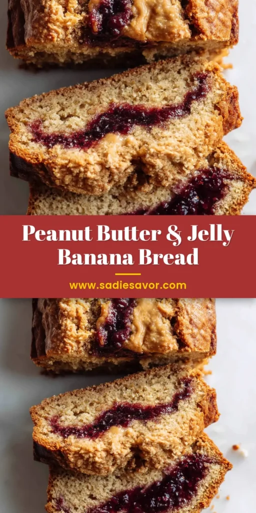 Overhead view of freshly baked peanut butter and jelly banana bread on a white marble surface, showing a thick slice with moist crumb, dark purple grape jelly, and creamy peanut butter swirls.