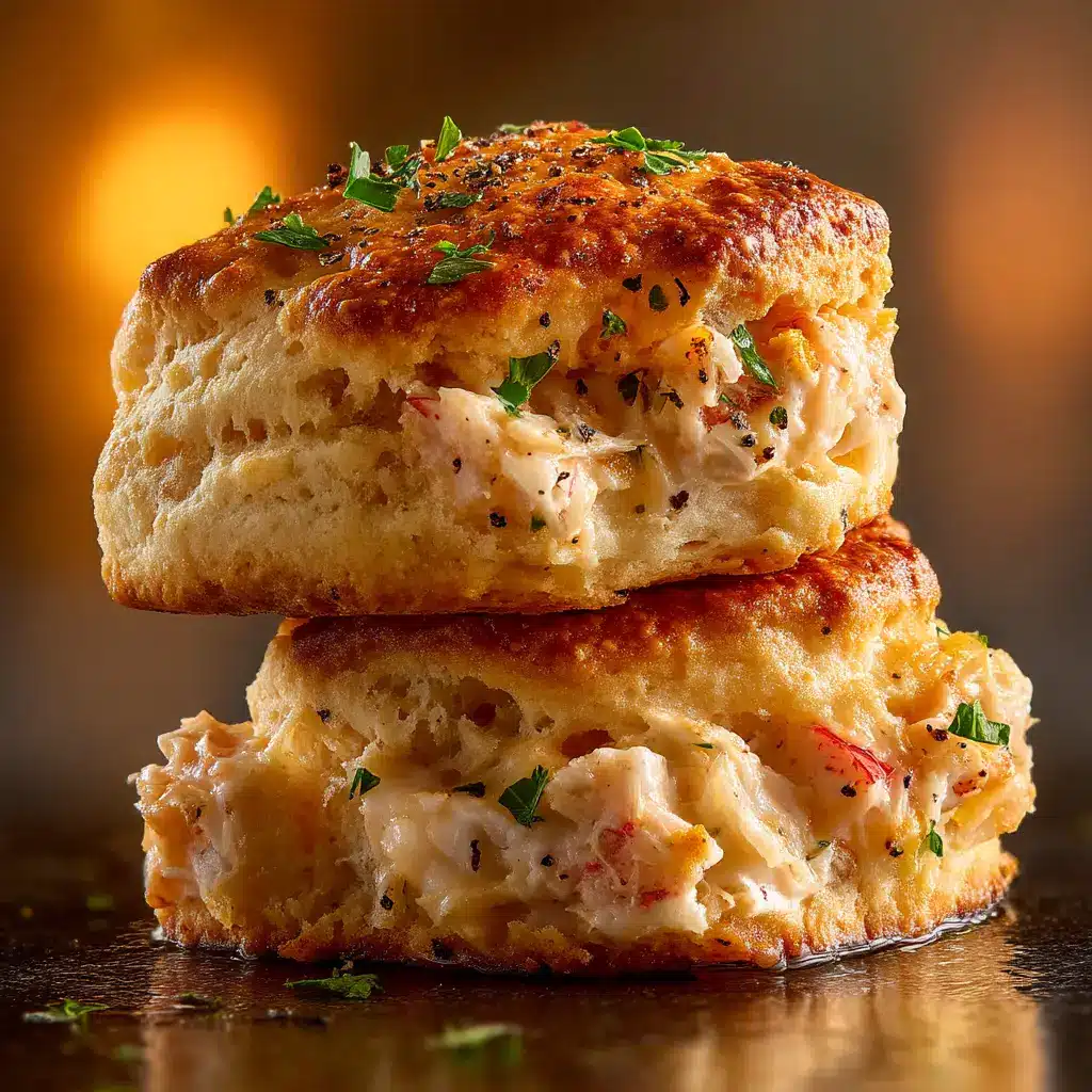 Gourmet Crab Stuffed Cheddar Bay Biscuits 1 Extreme close up showing the creamy white and pink crab filling inside a warm cheddar bay biscuit.