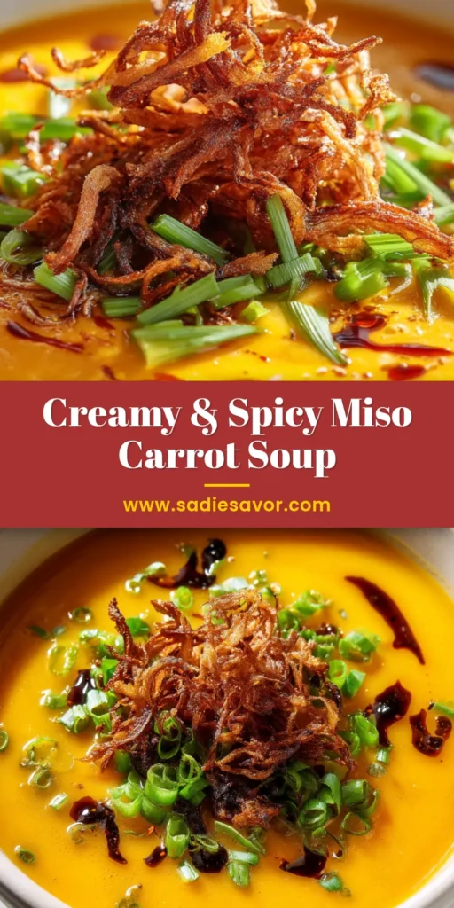 A close-up overhead shot of creamy orange Spicy Miso Carrot Soup topped with crispy fried shallots, scallions, and a drizzle of dark chili oil in a white ceramic bowl.
