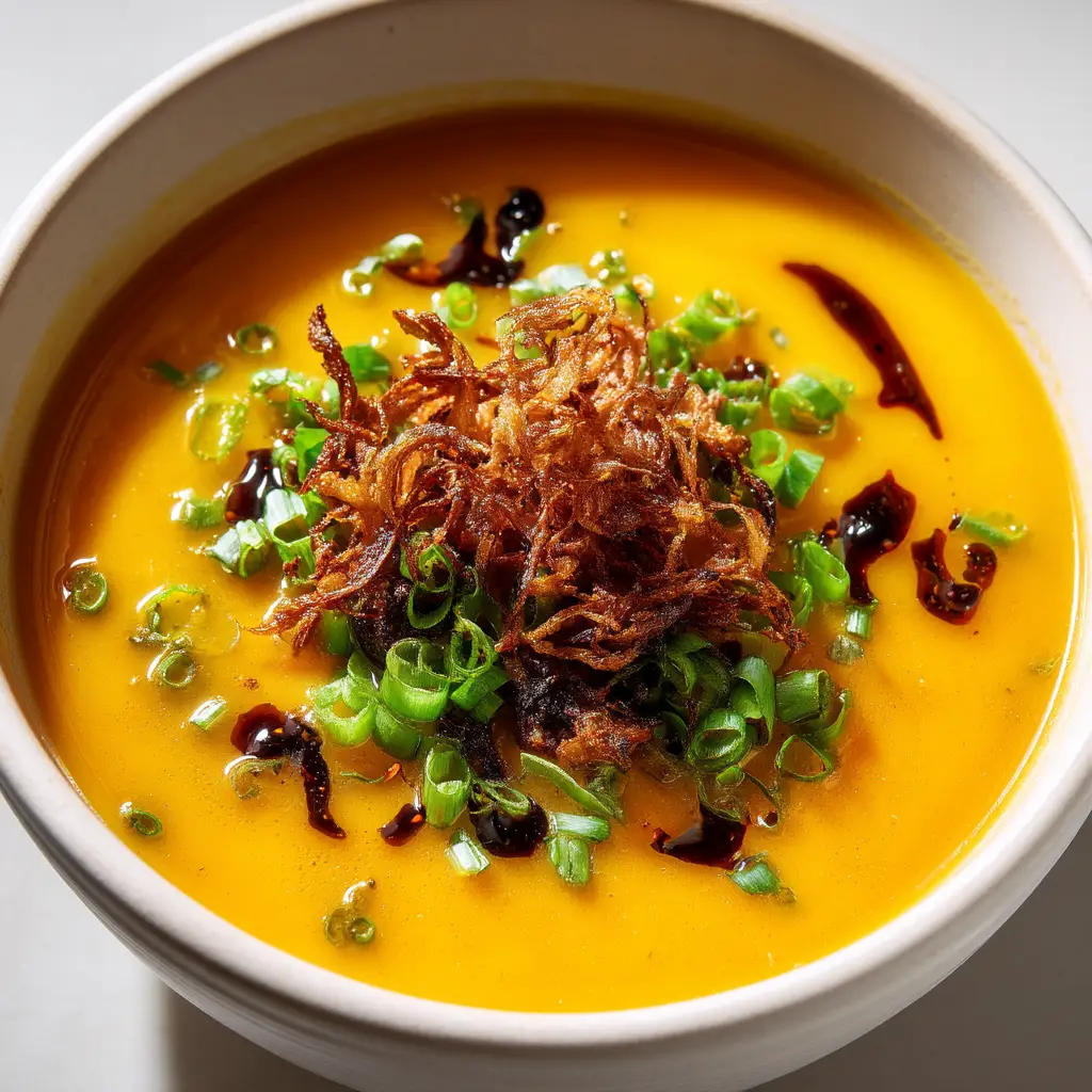 Fresh ingredients for Spicy Miso Carrot Soup including bright orange carrots, white miso paste, fresh scallions, and crispy shallots.