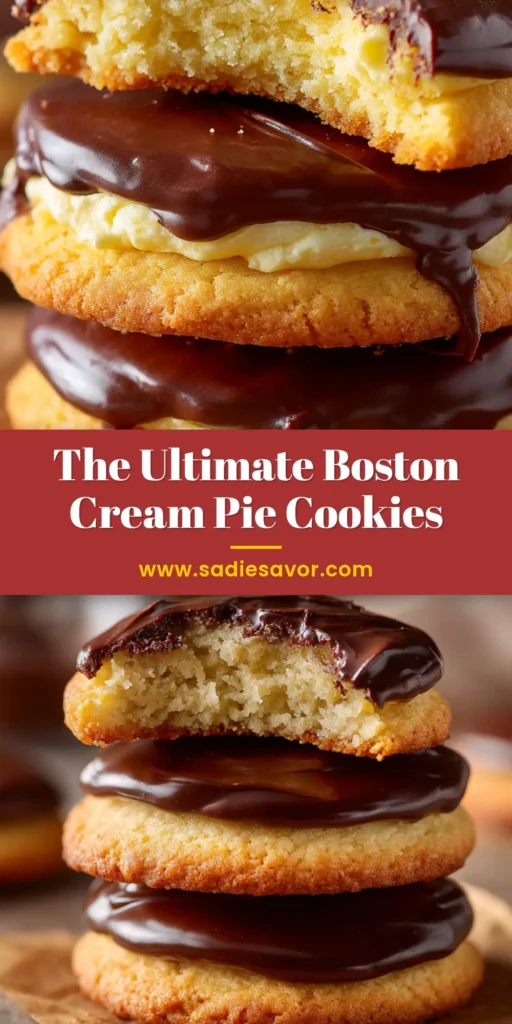 A stack of three Boston Cream Pie cookies on brown baking parchment, featuring soft golden-brown edges, a fluffy vanilla cream filling, and glossy dark chocolate ganache.