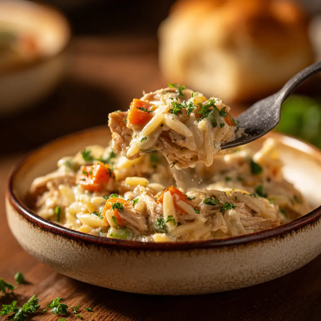 Creamy Chicken Pot Pie Orzo glistening in a rich, velvety off-white sauce, garnished with finely chopped parsley.