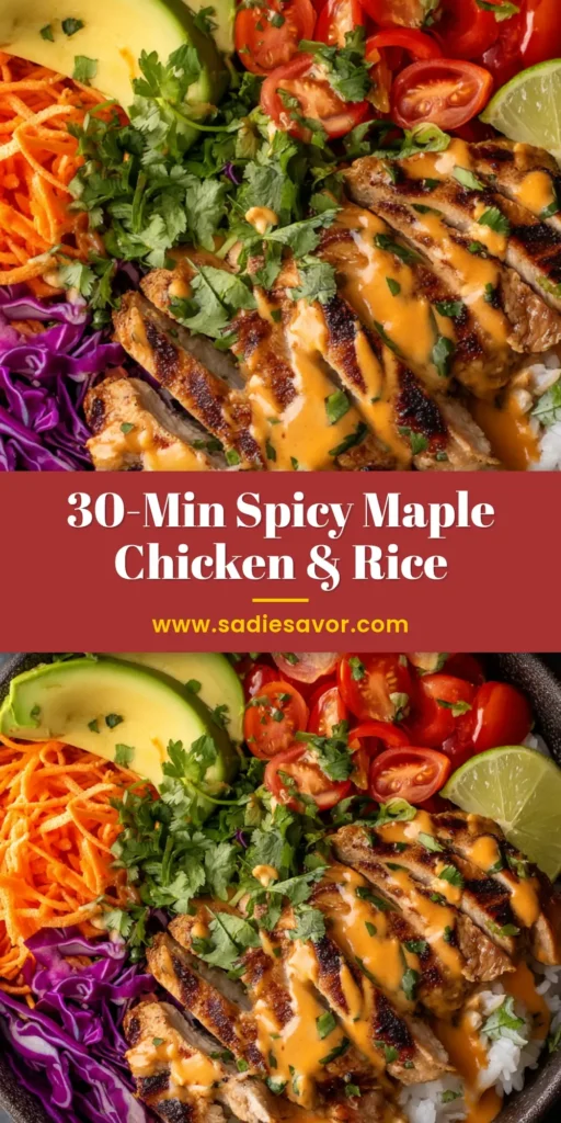 A vibrant dark bowl filled with coconut rice, sliced grilled chicken, shredded red cabbage, carrots, sliced avocado, halved cherry tomatoes, and drizzled with a creamy orange spicy maple sauce.