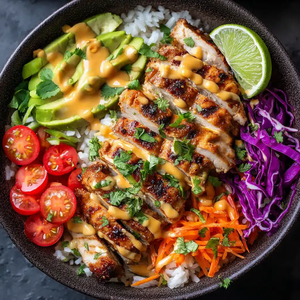 Sliced grilled chicken with perfect char marks drizzled with creamy orange spicy maple sauce sitting on top of white coconut rice.