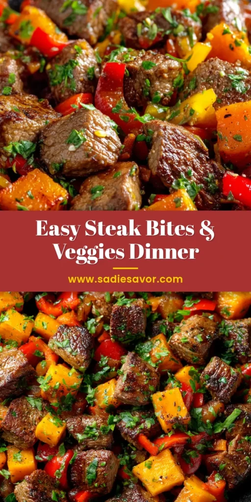 Overhead close-up of sizzling seared steak bites mixed with roasted orange sweet potato cubes and diced red and yellow bell peppers in a rustic black cast-iron skillet.