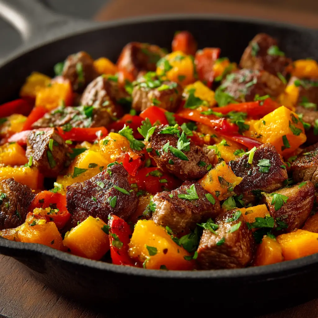 Raw steak cubes, orange sweet potatoes, red and yellow bell peppers, and fresh parsley prepped for cooking.