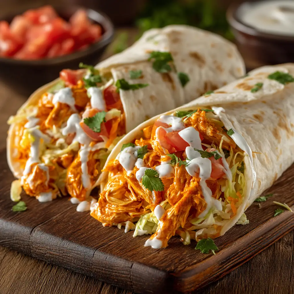 Ingredients for High Protein Cheesy Buffalo Chicken Wraps including shredded chicken, bright buffalo sauce, tortillas, and fresh cilantro.