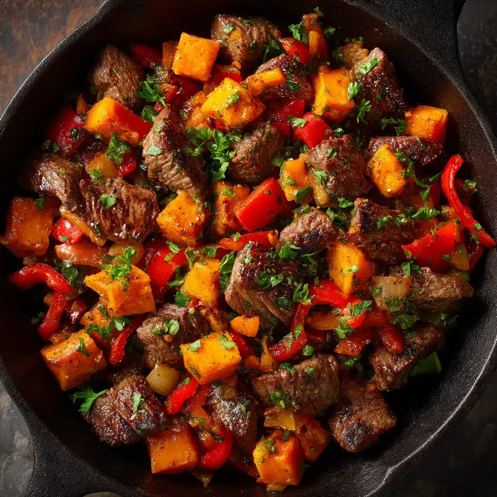 Sizzling steak bites searing in a hot cast-iron skillet getting a golden-brown crust.