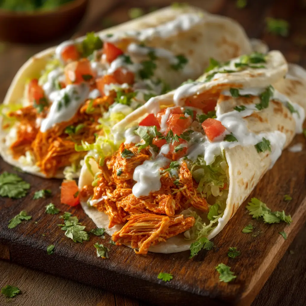 High Protein Cheesy Buffalo Chicken Wraps 1 Creamy orange shredded buffalo chicken inside a soft flour tortilla, topped with lettuce, tomatoes, and ranch dressing.
