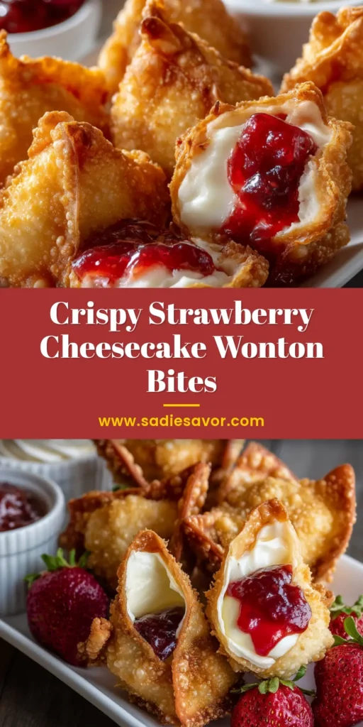 Crispy Deep-Fried Strawberry Cheesecake Wontons 3 A close-up, high-angle food photograph of deep-fried strawberry cheesecake wontons piled on a rectangular white ceramic platter.