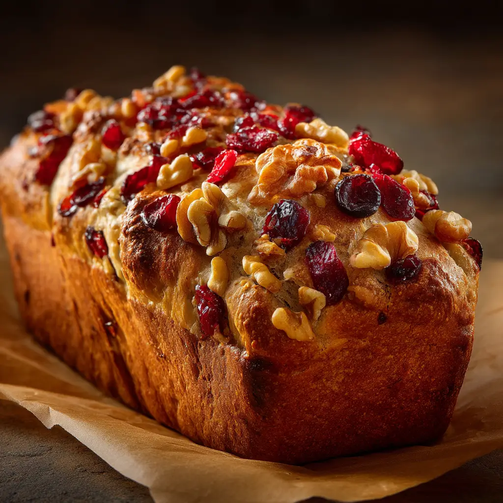 Close-up of fresh Cranberry Walnut Bread ingredients, including bright red dried cranberries and toasted walnuts.