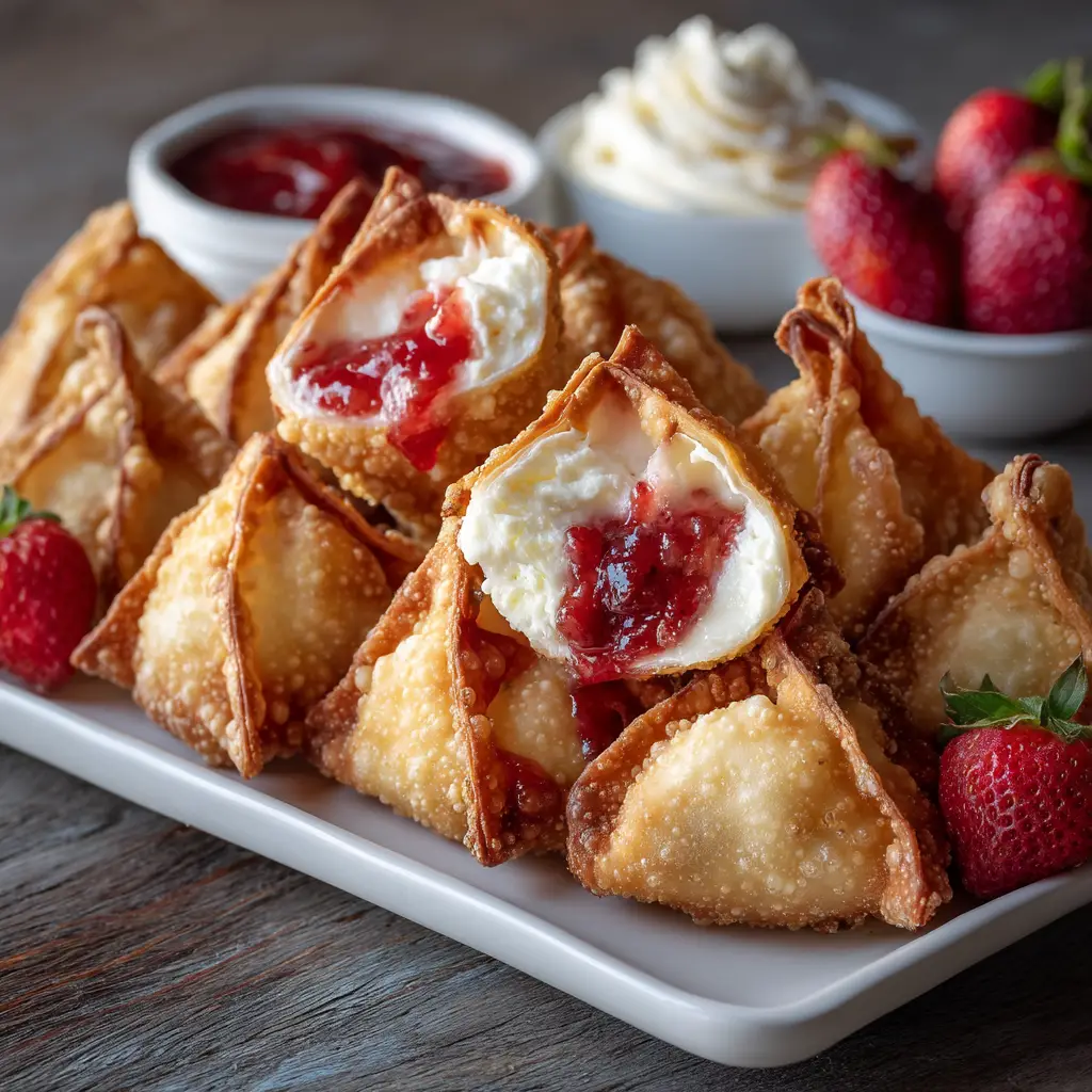 Crispy Deep-Fried Strawberry Cheesecake Wontons 2 Golden brown and crispy deep-fried strawberry cheesecake wonton broken open to reveal creamy white cheesecake filling and vibrant red strawberry sauce.