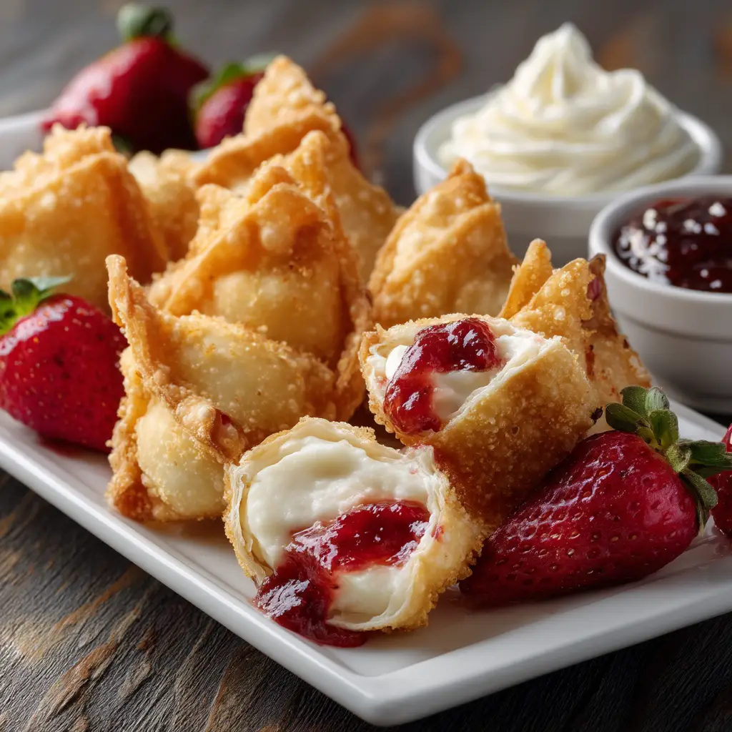 Crispy Deep-Fried Strawberry Cheesecake Wontons 1 Rectangular white ceramic platter holding hot strawberry cheesecake wontons, alongside small white bowls of strawberry jam and whipped cream.