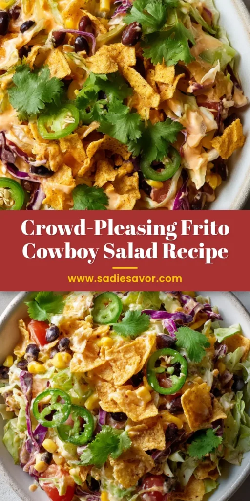 A rustic white bowl overflowing with Frito Cowboy Cabbage Salad topped with fresh jalapeños, cilantro, and crushed corn chips.