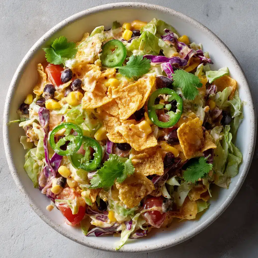 Overhead closeup of a vibrant Tex-Mex cowboy cabbage salad mixing shredded purple cabbage, corn, and black beans.