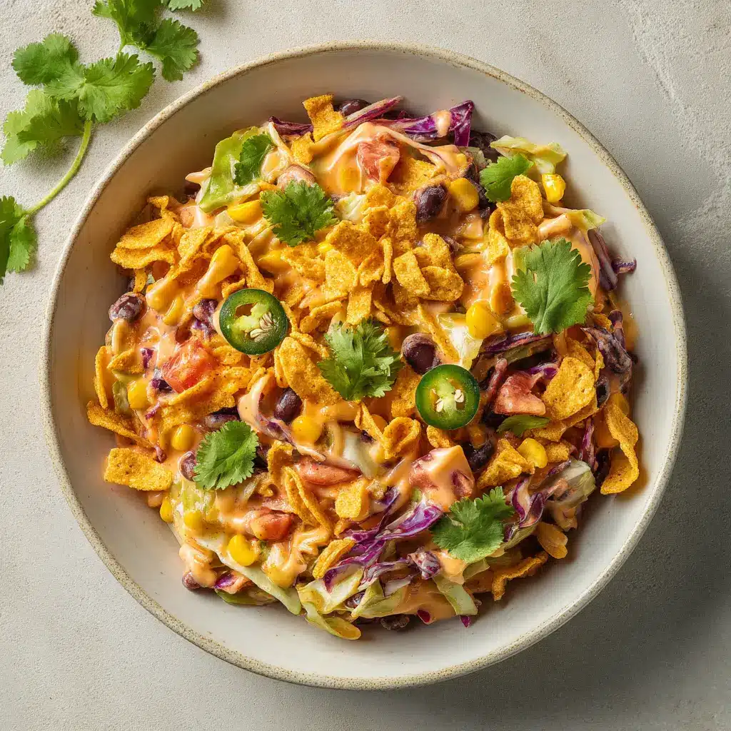 Frito Cowboy Cabbage Salad coated in a creamy slightly orange dressing, topped generously with crushed Fritos and cilantro.