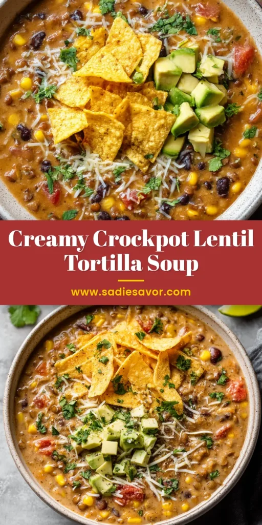 Creamy Lentil Tortilla Soup 4 A rustic off-white ceramic bowl filled with creamy lentil tortilla soup, garnished with tortilla chips, diced avocado, and cilantro.