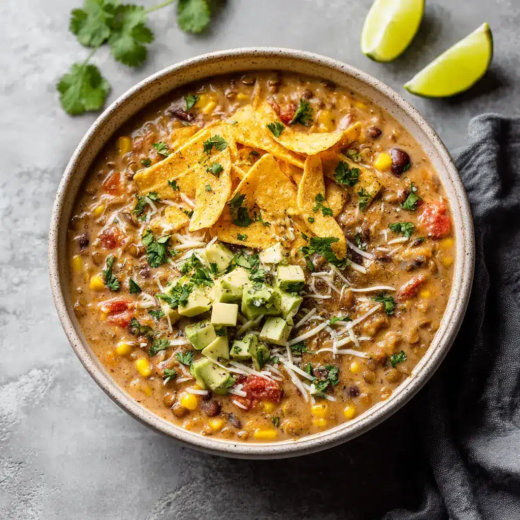 Overhead shot of hearty lentil tortilla soup in a ceramic bowl on a grey stone countertop, lit by soft natural light.