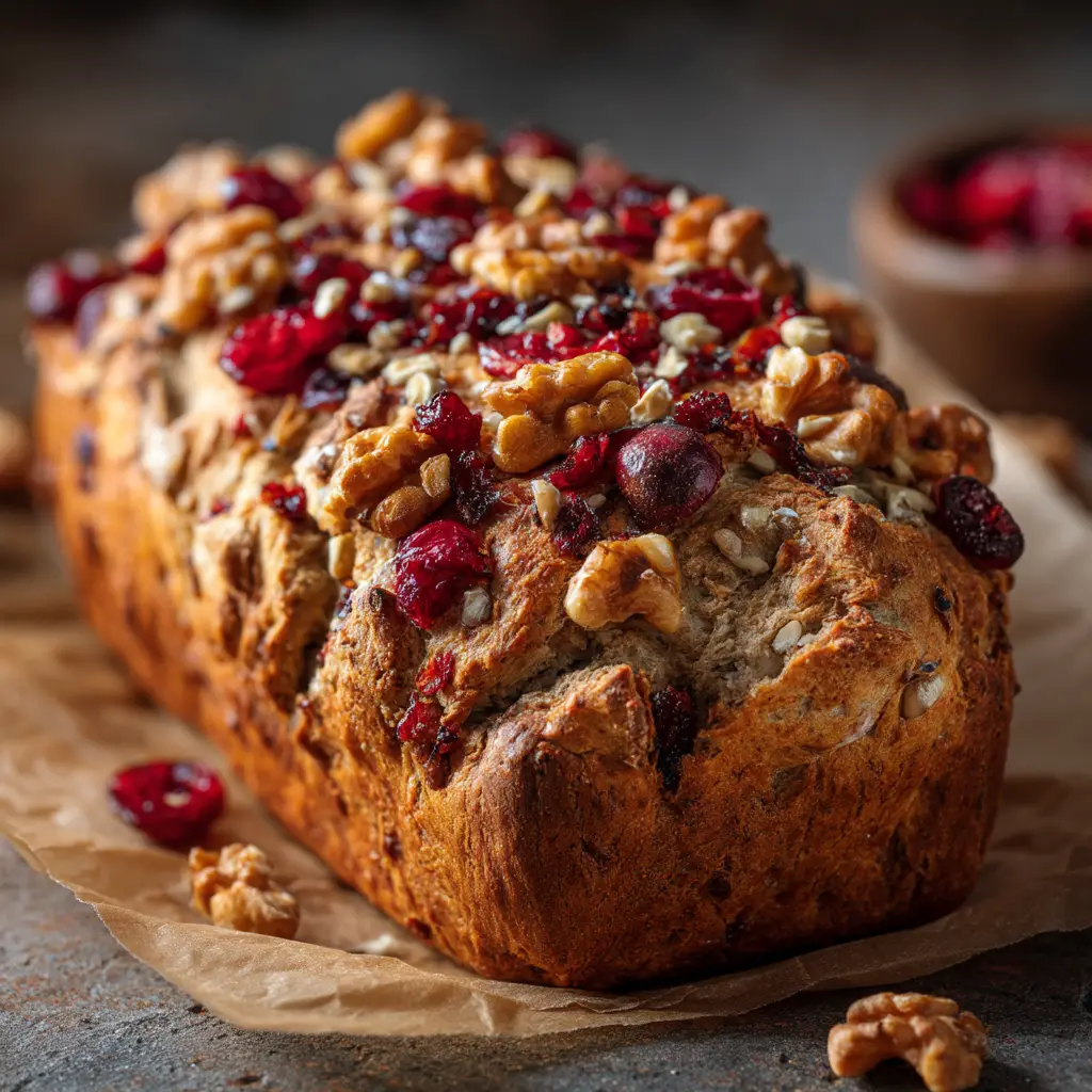 Eye-level shot of a beautifully risen artisan cranberry walnut loaf baking on parchment paper.