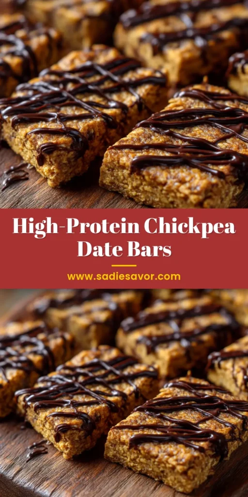 A close-up shot of homemade Protein-Packed Chickpea and Date Snack Bars neatly cut into squares, drizzled with dark chocolate, and arranged on a rustic wooden cutting board.