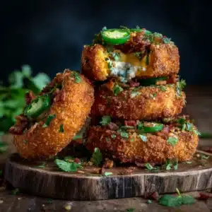 Macro shot of three thick-cut Jalapeño Popper Stuffed Onion Rings showing a bite taken out, revealing gooey melted cream cheese and cheddar inside.