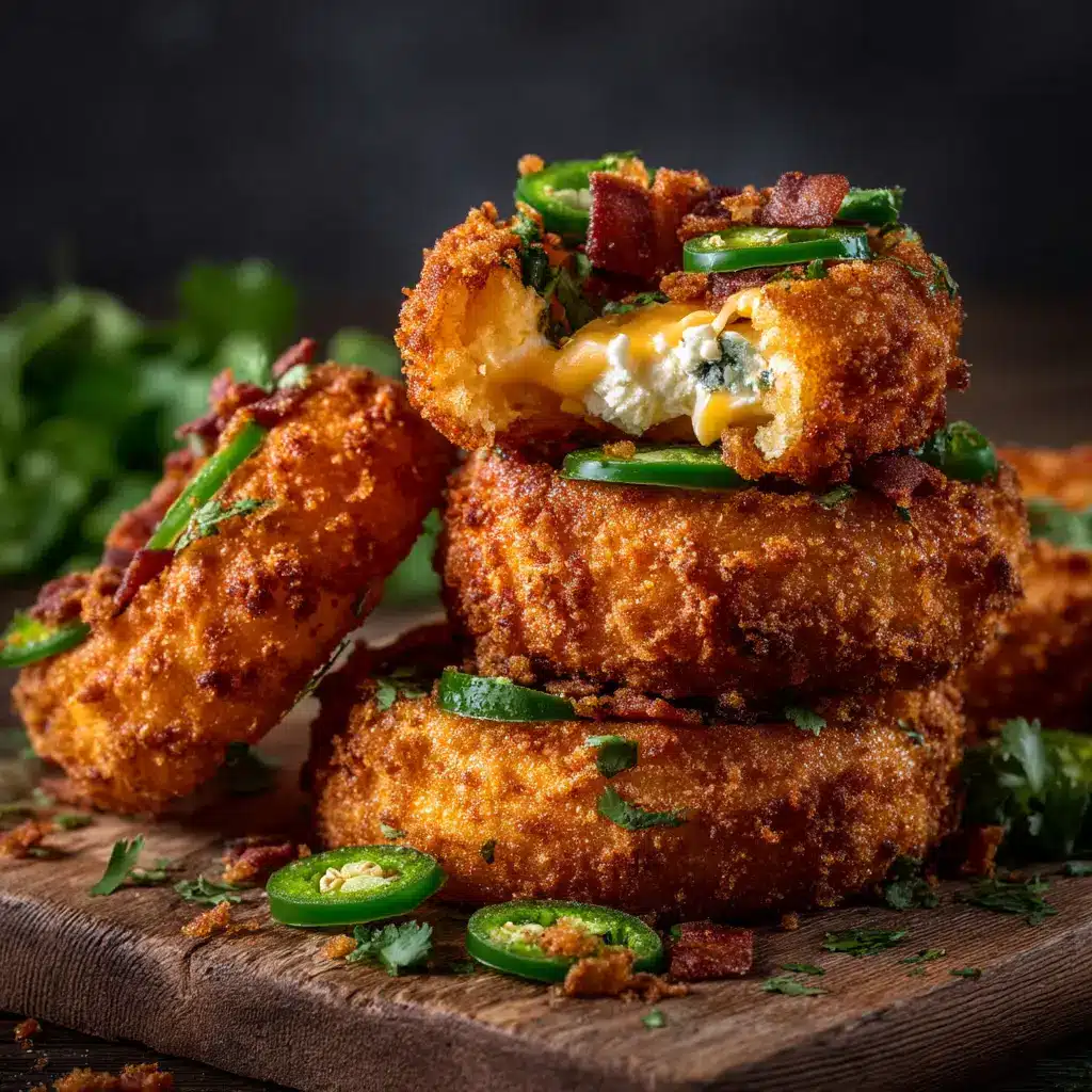 Crispy golden-brown Jalapeño Popper Stuffed Onion Rings piled on a rustic wooden board with dramatic, moody lighting.