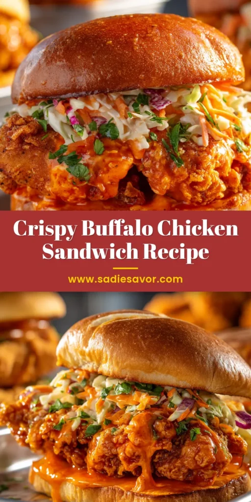 A close-up shot of a crispy buffalo chicken sandwich overflowing with ranch slaw on a toasted golden brioche bun, presented on a modern metal tray.