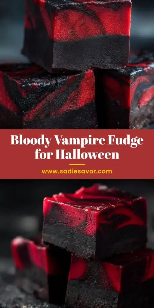 Vampire Fudge: The Ultimate Spooky Layered Chocolate Treat 4 Three stacked pieces of Vampire Fudge displaying a stark black bottom layer and a glossy, blood-red top layer on a moody dark background.