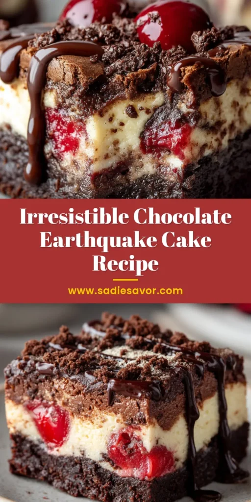 A decadent square slice of chocolate earthquake cake with a fudgy brownie base, baked cheesecake, cherry filling, and glossy fudge drizzle.