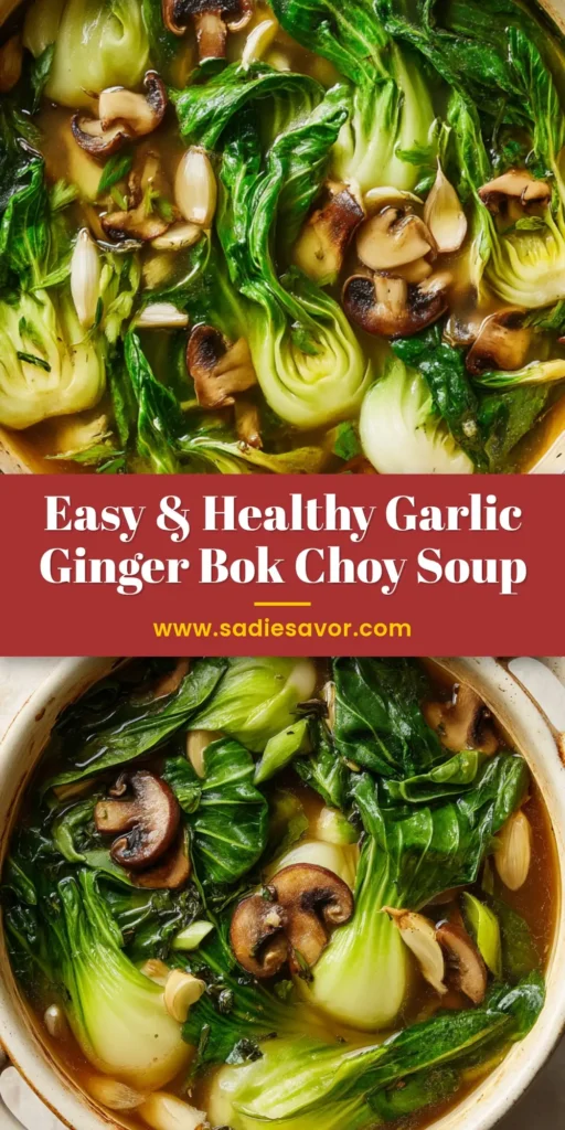 A rustic white dutch oven filled with Bok Choy Soup, featuring vibrant whole baby bok choy, sliced shiitake mushrooms, and garlic in a golden-brown broth.