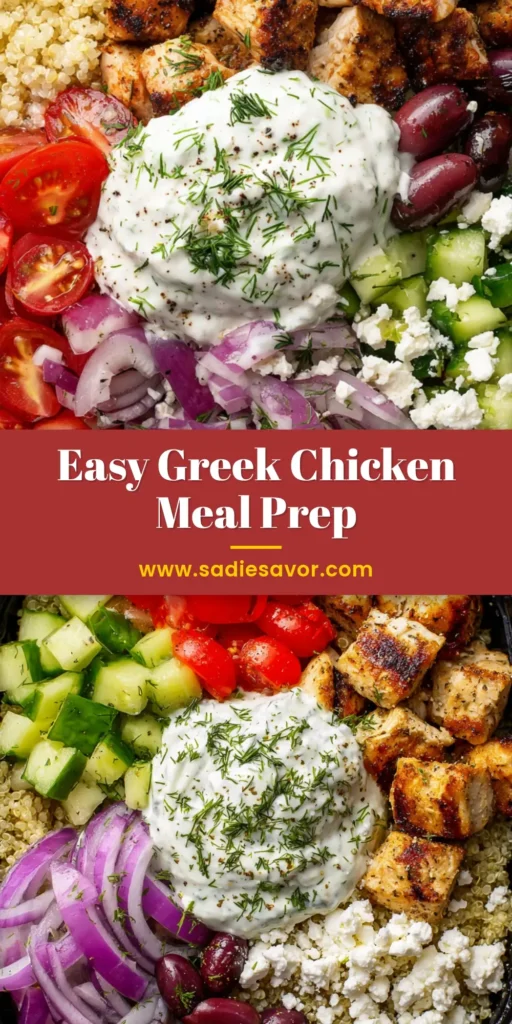 Fresh & Healthy Greek Chicken Bowls for Meal Prep 4 A close-up, top-down view of fresh Greek Chicken Bowls in a rectangular black container showing golden grilled chicken, white quinoa, and fresh veggies.